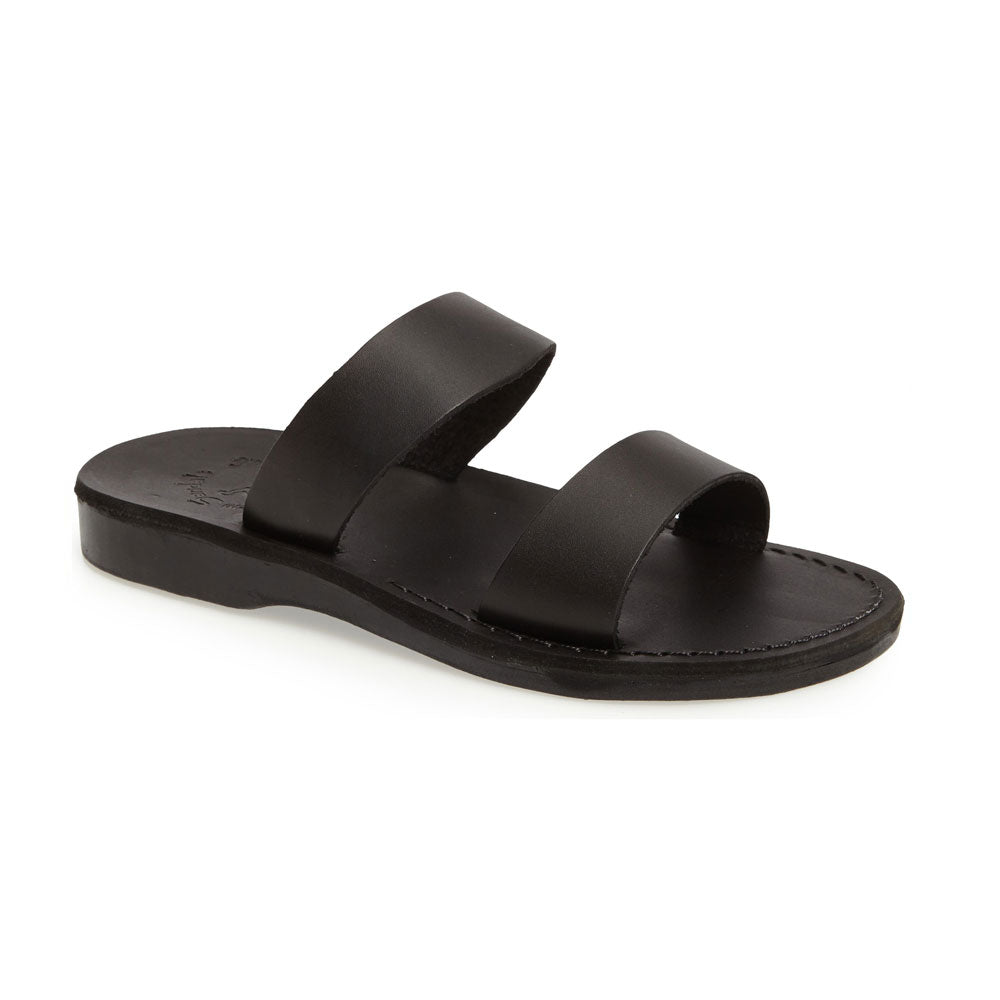Aviv black, handmade leather slide sandals - Front View