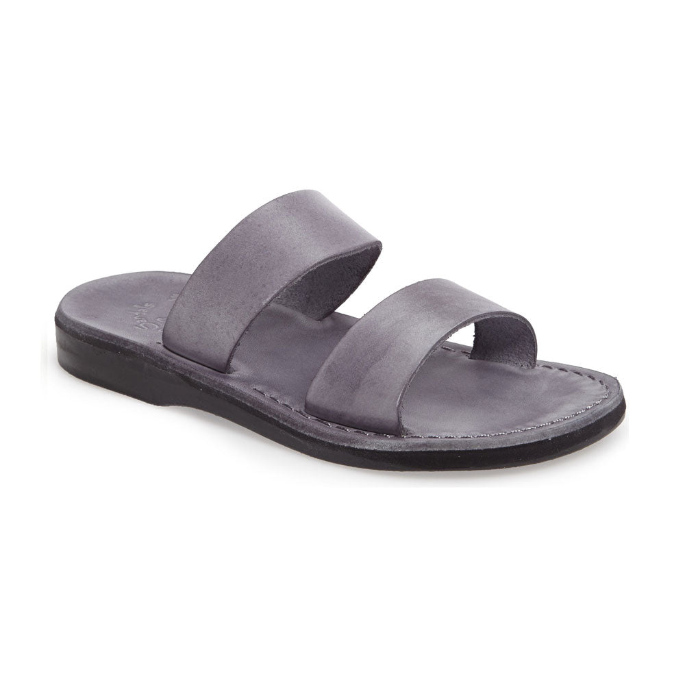 Aviv gray, handmade leather slide sandals - Front View