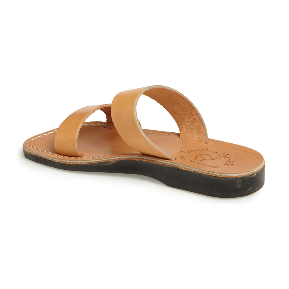 Aviv Tan, handmade leather slide sandals - Side View