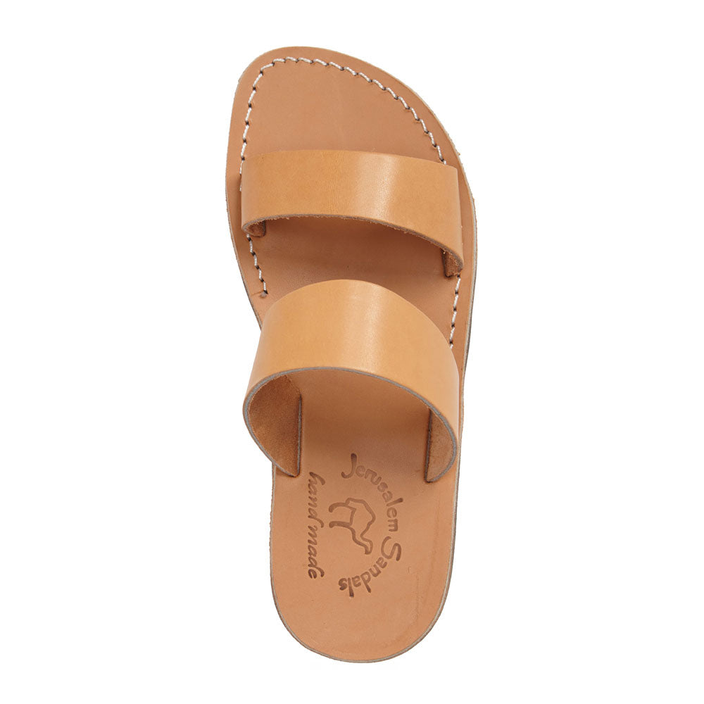 Aviv tan, handmade leather slide sandals - Side View