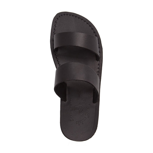 Aviv black, handmade leather slide sandals - up View