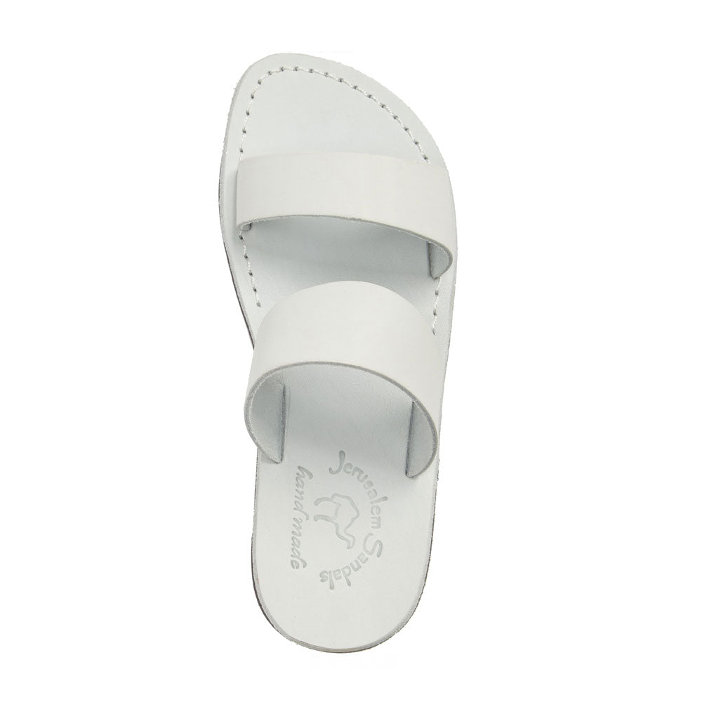 Aviv White, handmade leather slide sandals - Side View