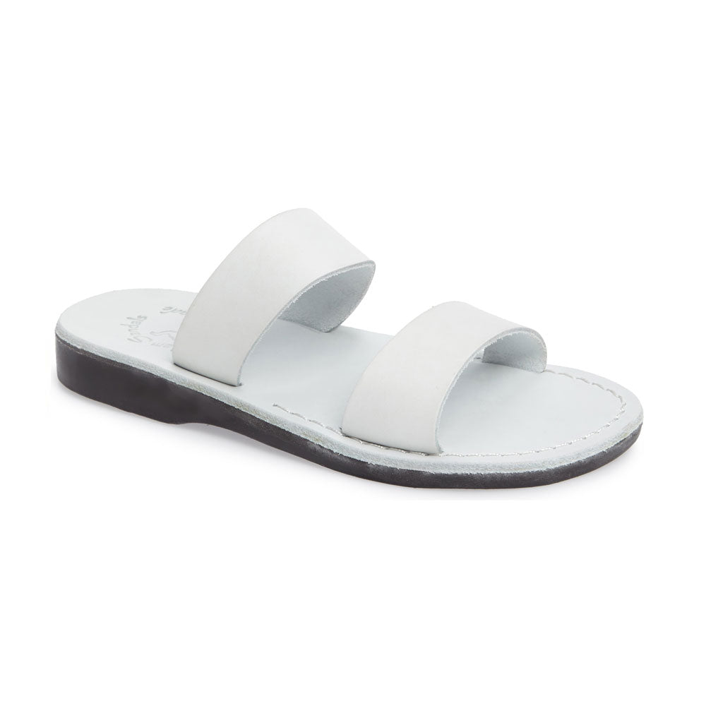 Aviv white, handmade leather slide sandals - Front View