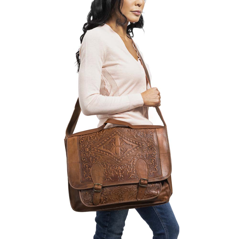 Embossed Leather Laptop Handbag brown, handmade leather bag - Model View