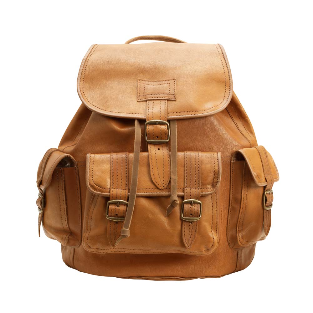 Side Pocket Backpack brown, handmade leather bag - Front View