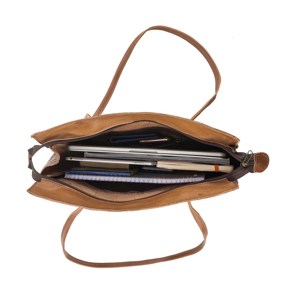 Embossed Leather Tote Handbag brown, handmade leather bag - Inside View