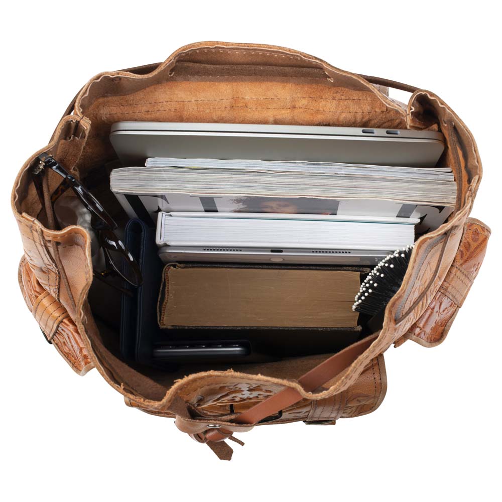 Embossed Side Pocket Backpack brown, handmade leather bag - inside View