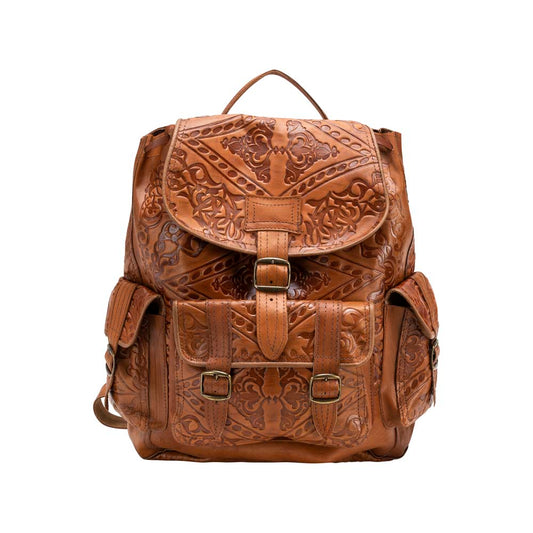 Embossed Side Pocket Backpack brown, handmade leather bag - Front View