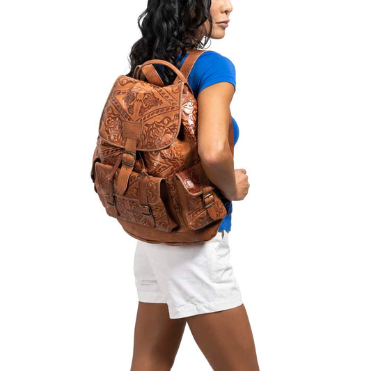 Embossed Side Pocket Backpack brown, handmade leather bag - model View