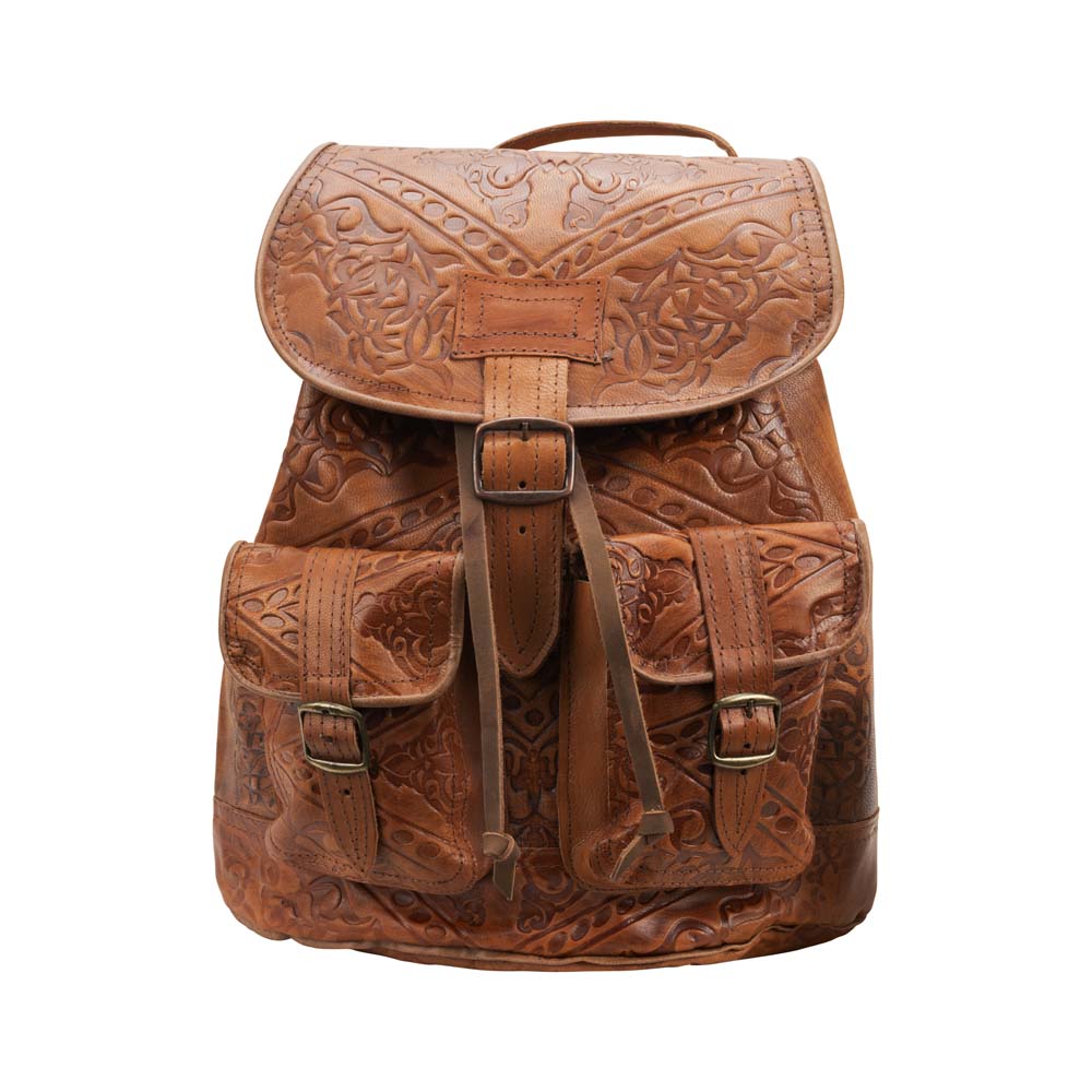Embossed Front Pocket Backpack brown, handmade leather bag - Front View