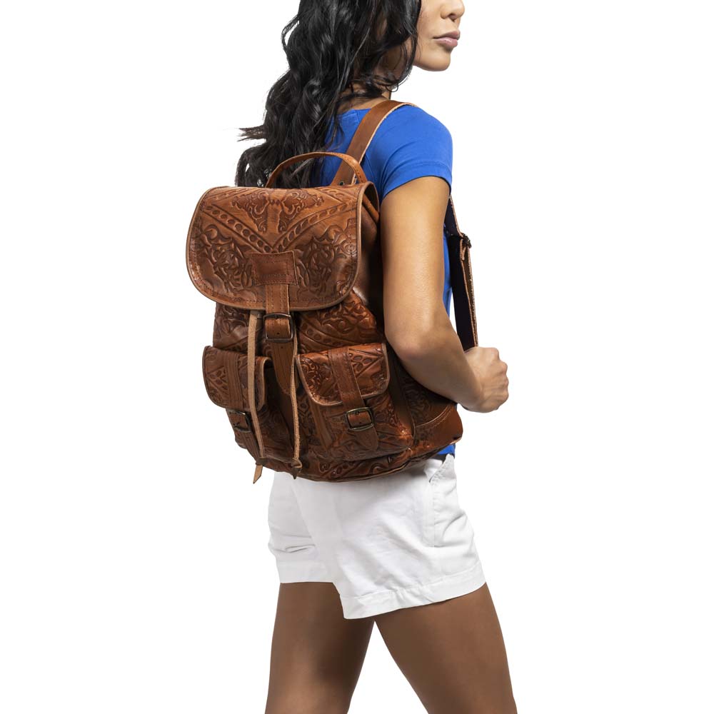 Embossed Front Pocket Backpack brown, handmade leather bag - Model View