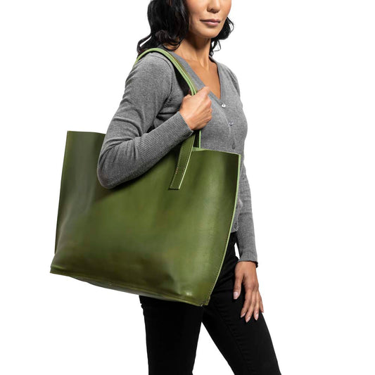 Leather Tote Handbag Apple green, handmade leather bag - Model View