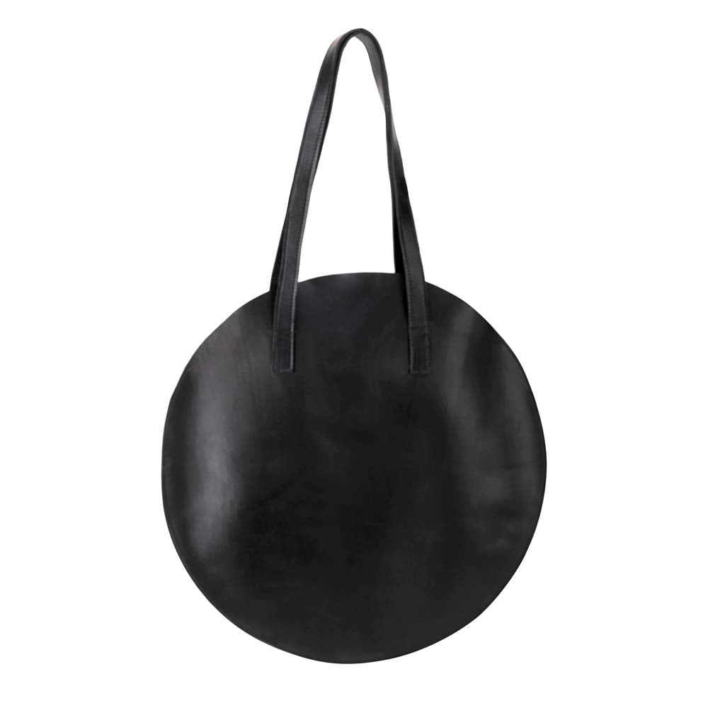 Leather Round Tote Handbag Black, handmade leather bag - Front View