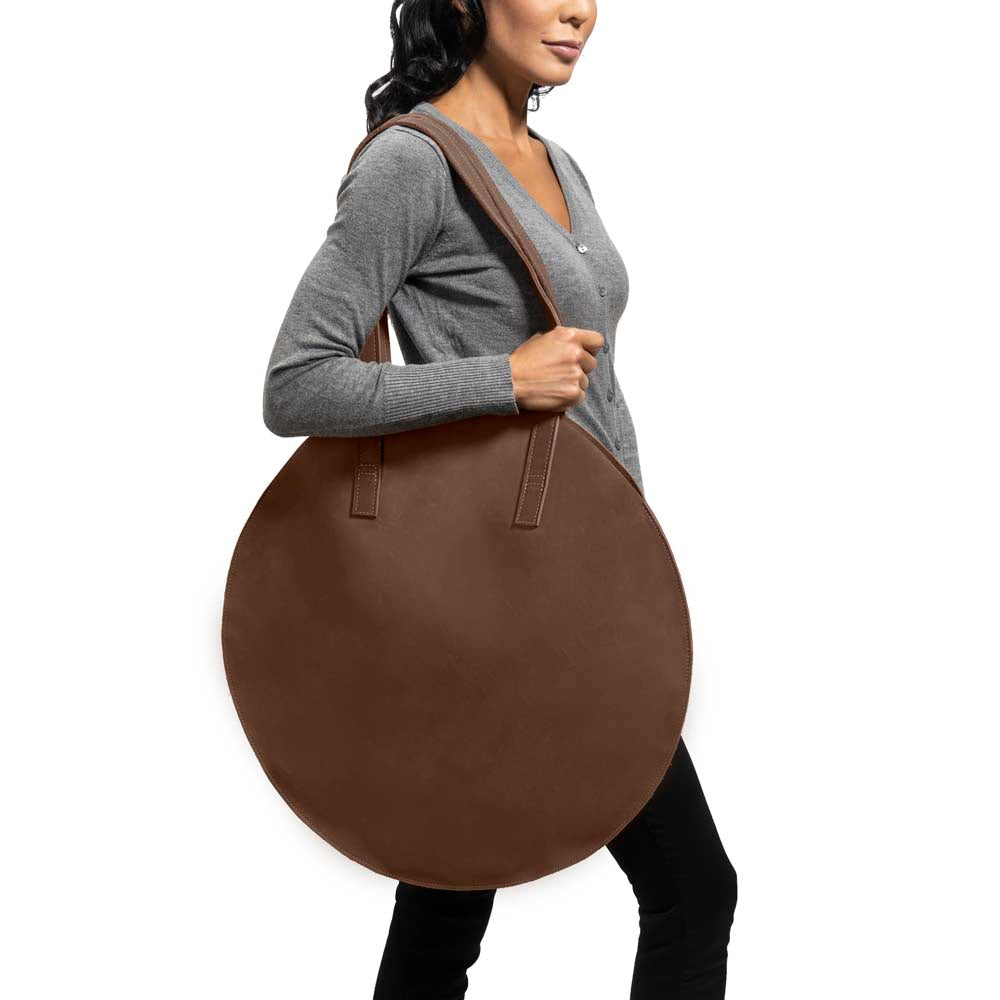 Leather Round Tote Handbag Brown, handmade leather bag - Model View