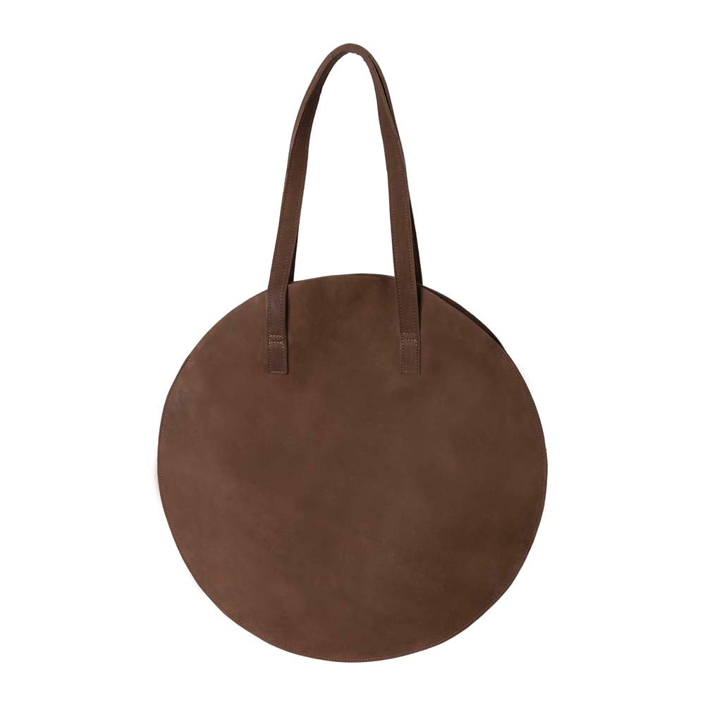 Leather Round Tote Handbag Brown, handmade leather bag - Front View