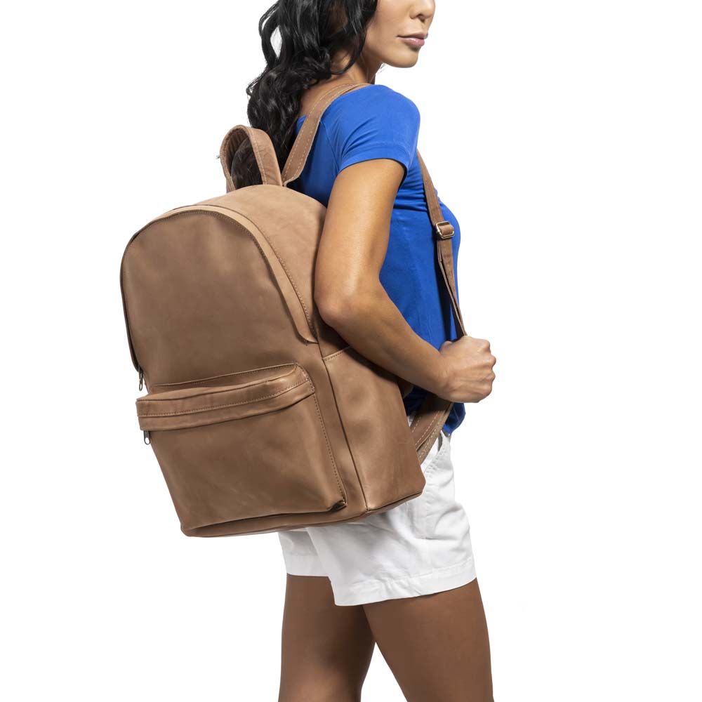 front Pocket Backpack brown, handmade leather bag - model View