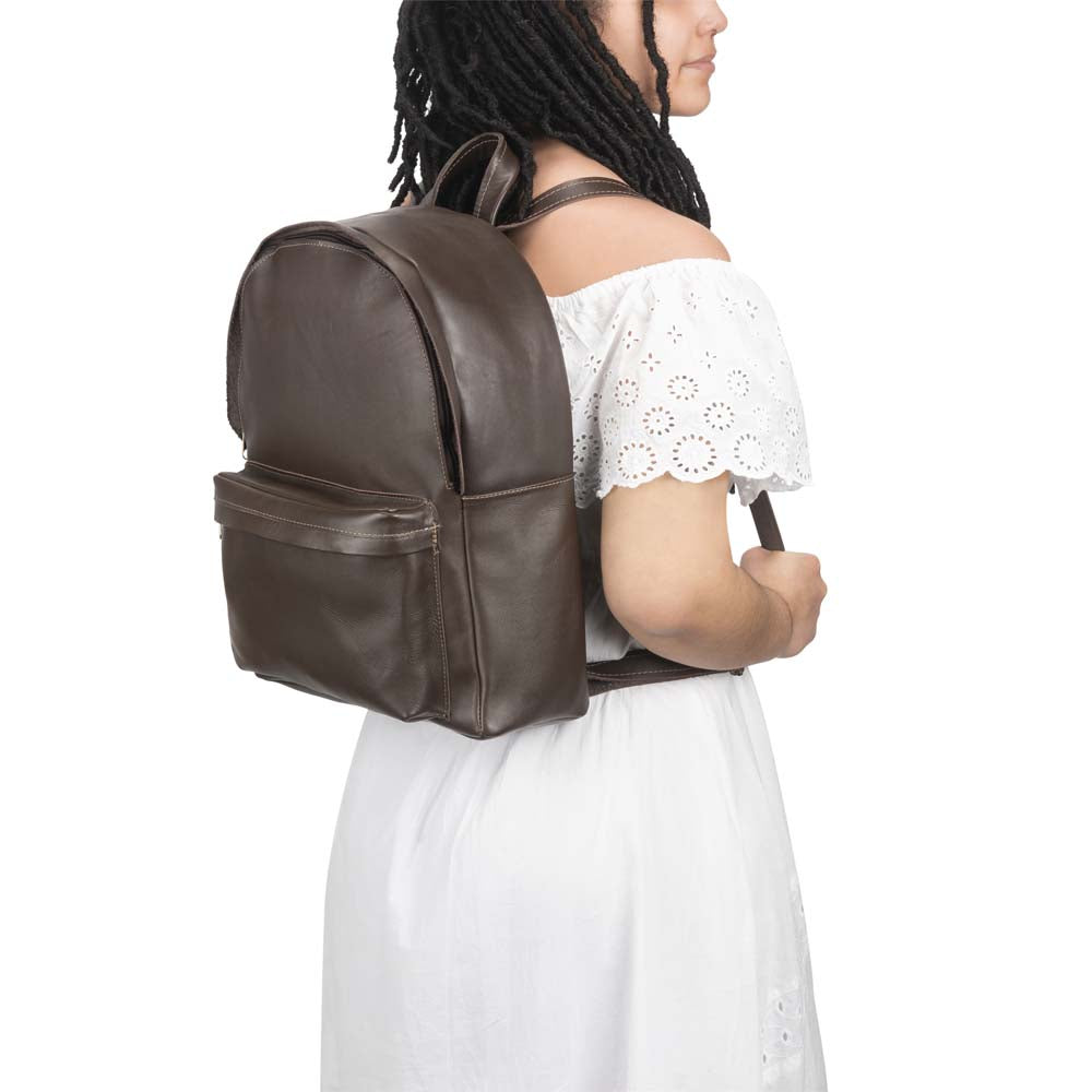 front Pocket Backpack dark brown, handmade leather bag - model View