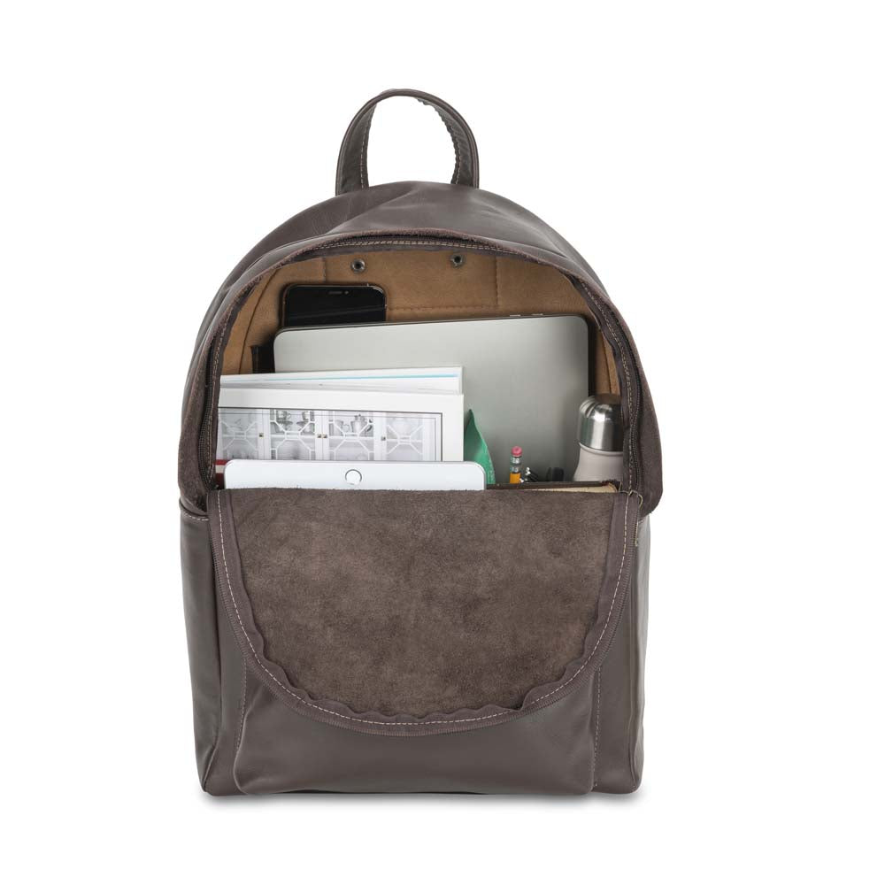 front Pocket Backpack dark brown, handmade leather bag - inside View