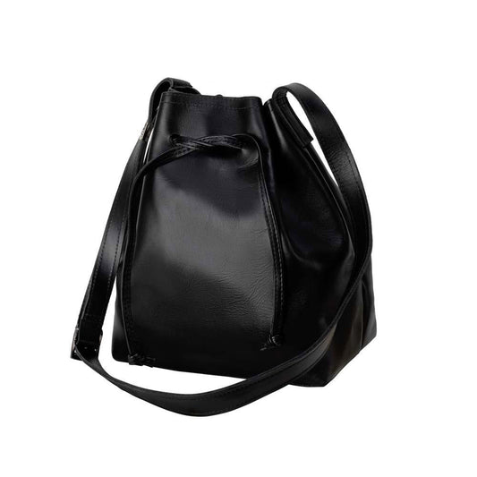 handmade Leather Bucket Bag black - front view