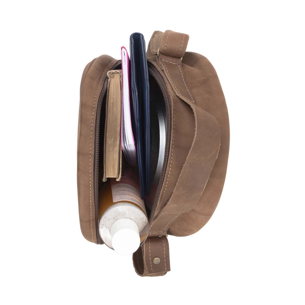 Round Leather Bag in brown - inside View