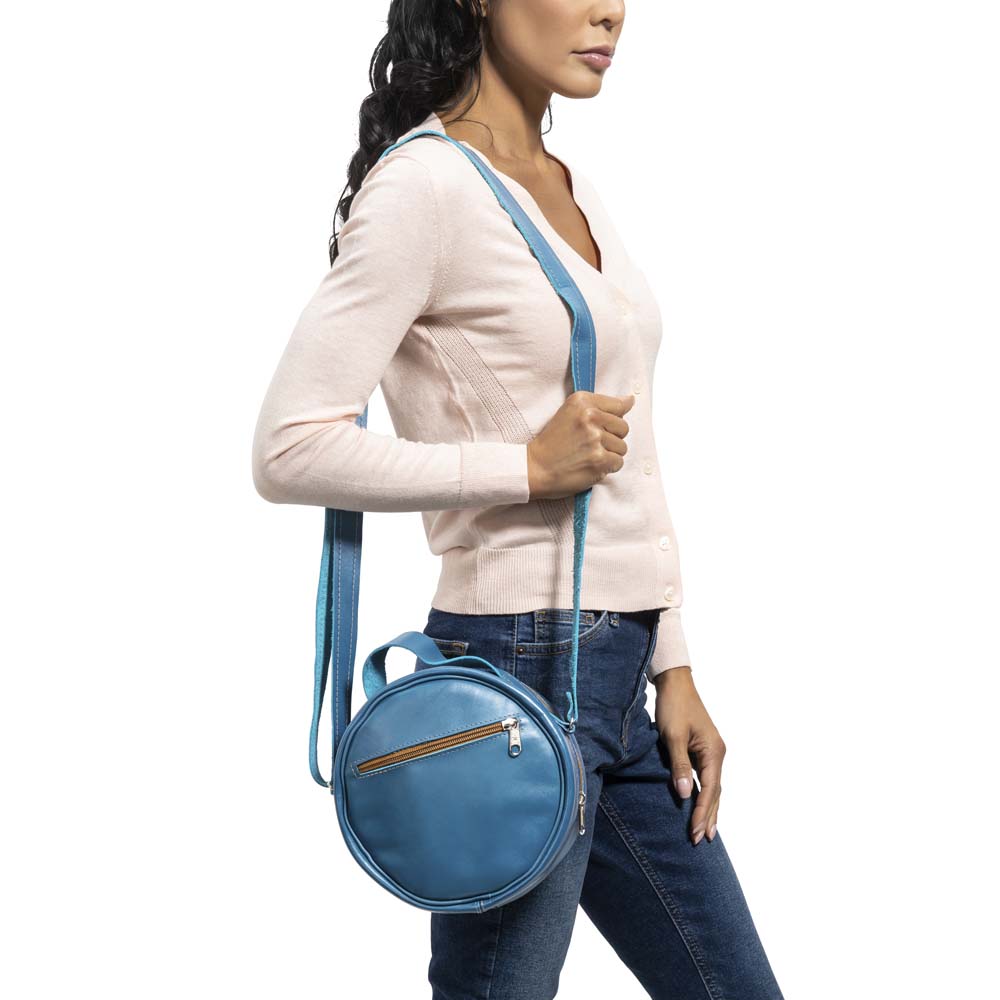 Round Leather Bag in blue - model View
