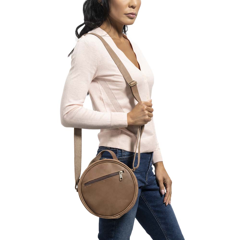 Round Leather Bag in brown - model View