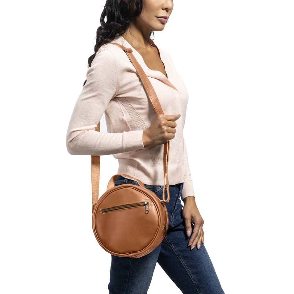 Round Leather Bag in Honey color - Model View