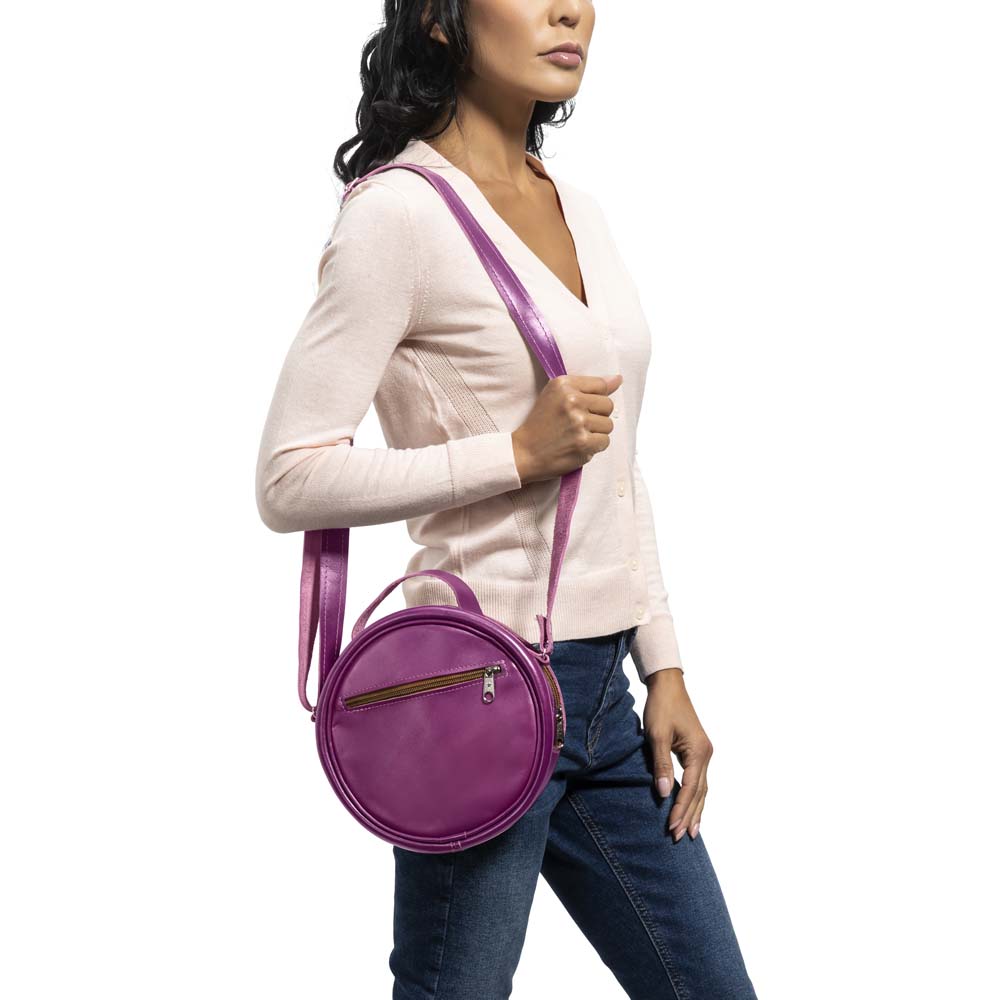 Round Leather Bag in Violet - Model View