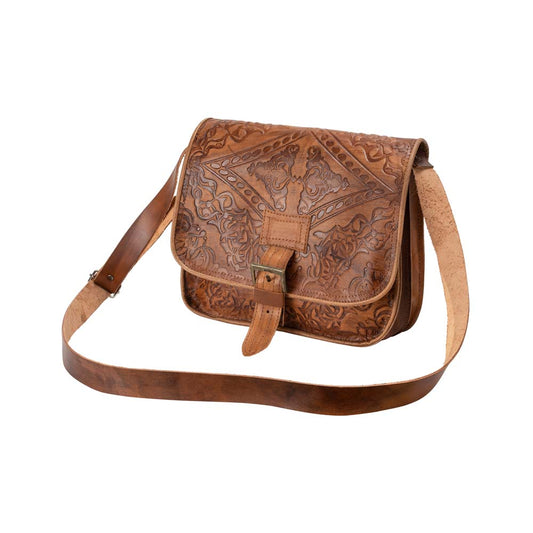 Embossed Messenger Bag brown, handmade leather bag - Front View