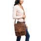 Embossed Reporter Bag brown, handmade leather bag - Model View