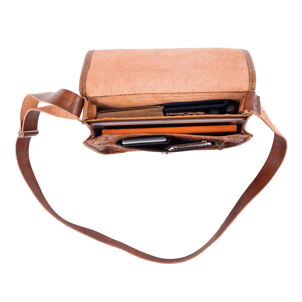 Embossed Messenger Bag brown, handmade leather bag - inside View
