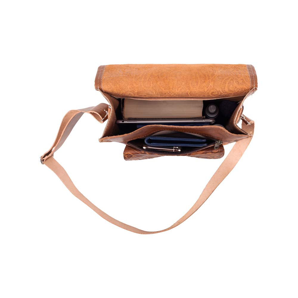Embossed Reporter Bag brown, handmade leather bag - Inside View