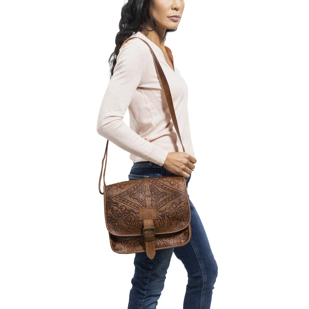 Embossed Messenger Bag brown, handmade leather bag - Model View