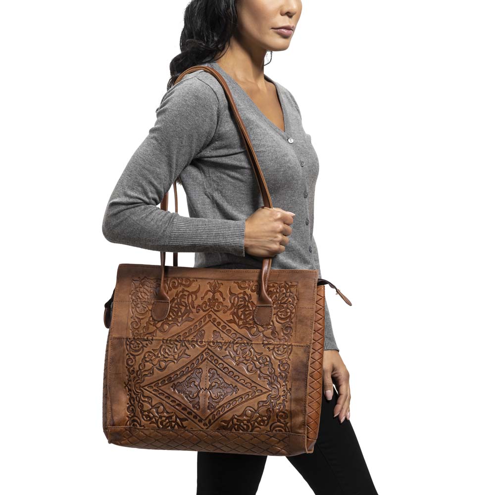 Embossed Leather Tote Handbag brown, handmade leather bag - Model View