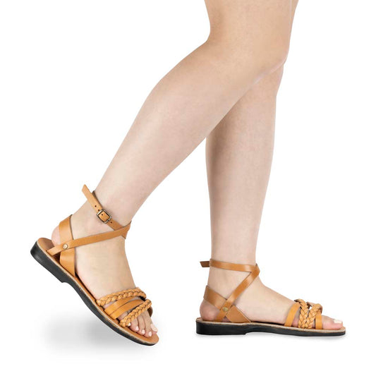 Model wearing Asa tan, handmade leather sandals with back strap