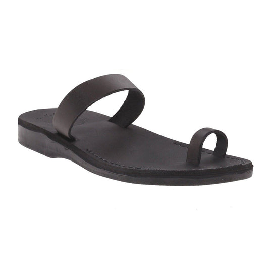 Eden black, handmade leather slide sandals with toe loop - Front View