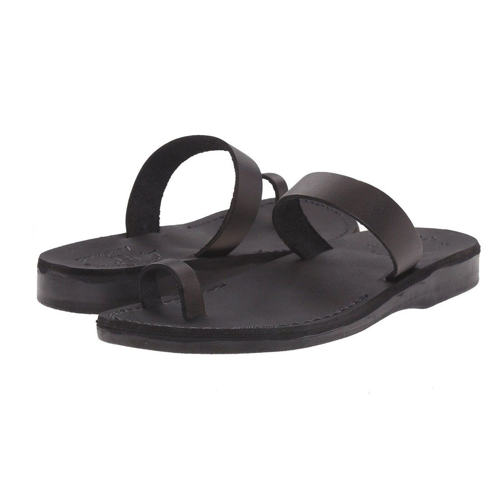 Eden black, handmade leather slide sandals with toe loop - pair View