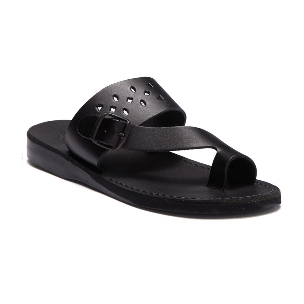 Ezra Black, handmade leather slide sandals with toe loop - Front View