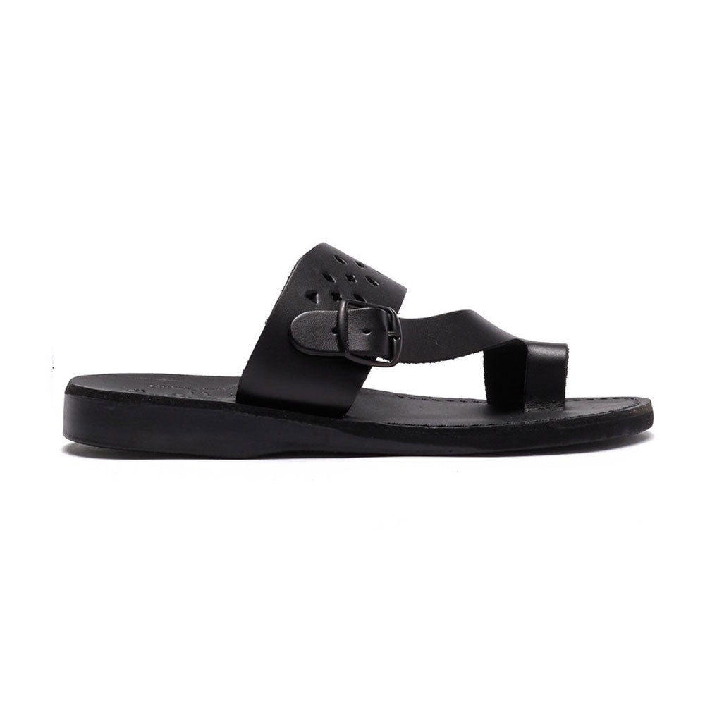 Ezra Black, handmade leather slide sandals with toe loop - Side View