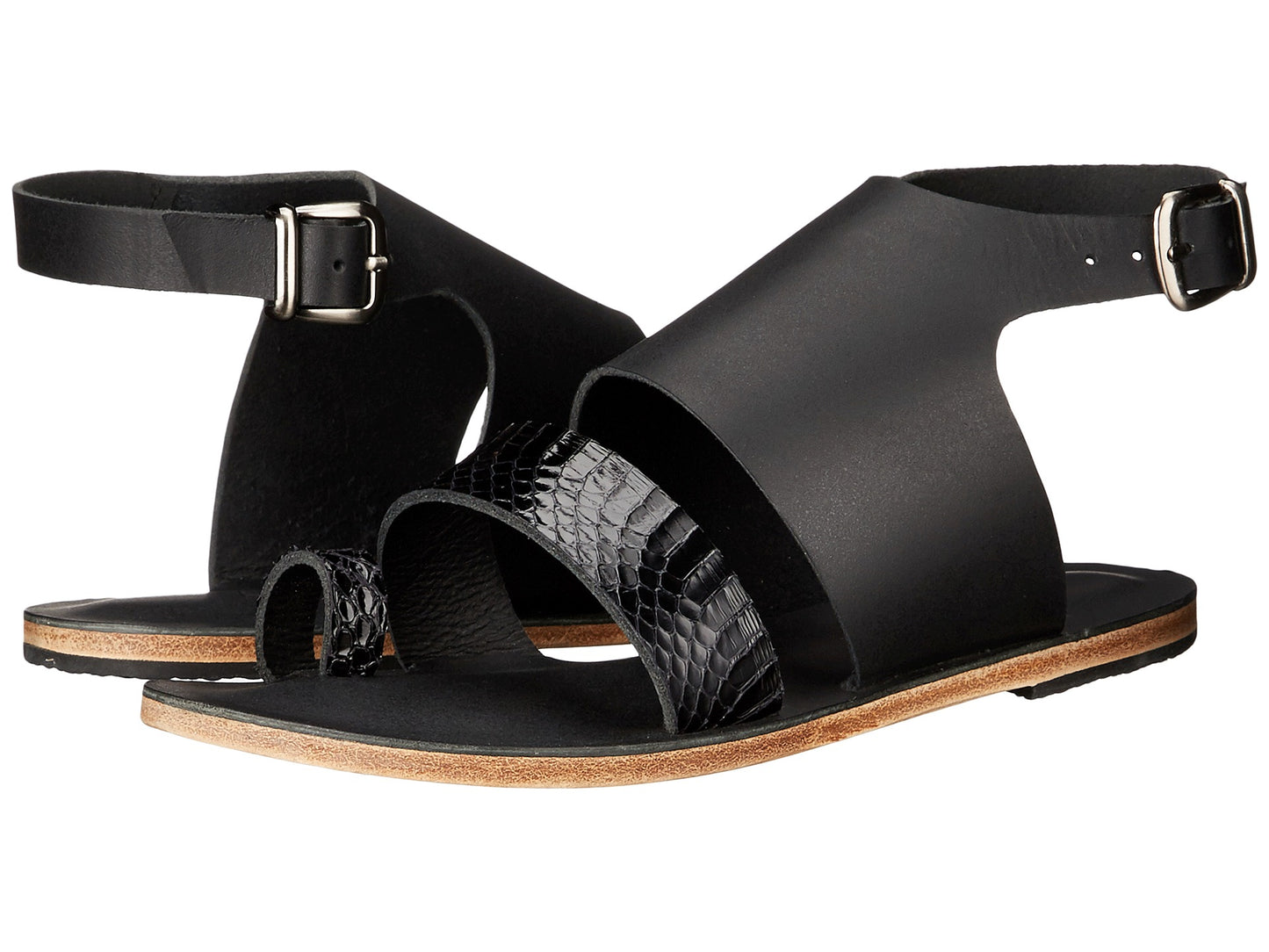 Abbot Kinney Blvd black snake, handmade leather buckle sandals with front toe loop - Side View