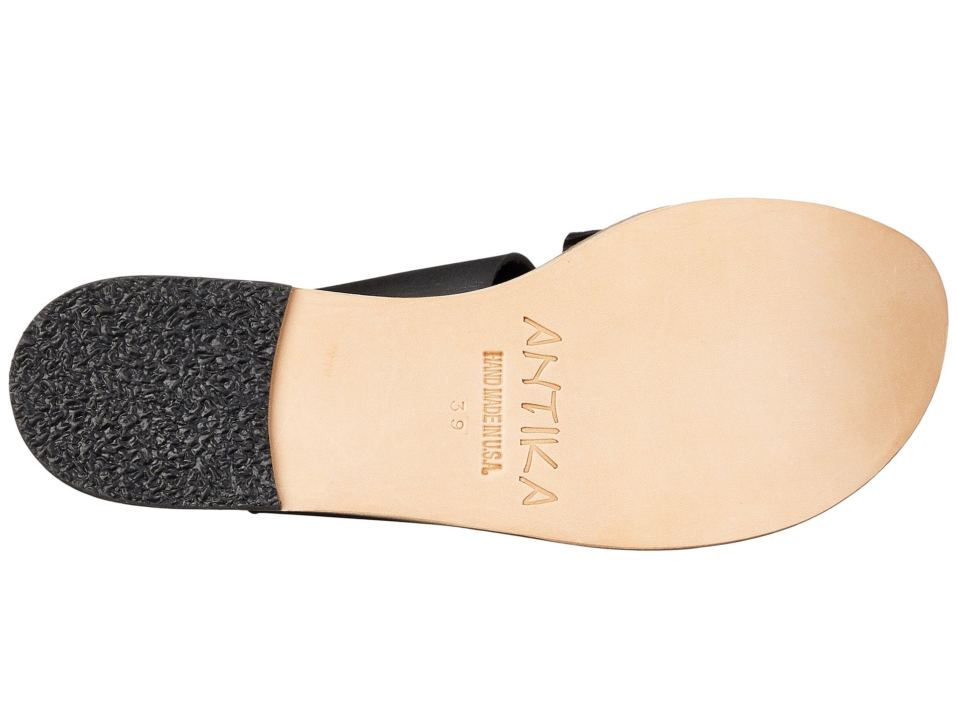 Abbot Kinney Blvd black snake, handmade leather buckle sandals with front toe loop - sole View