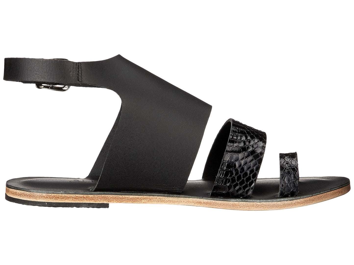 Abbot Kinney Blvd black snake, handmade leather buckle sandals with front toe loop - Side View