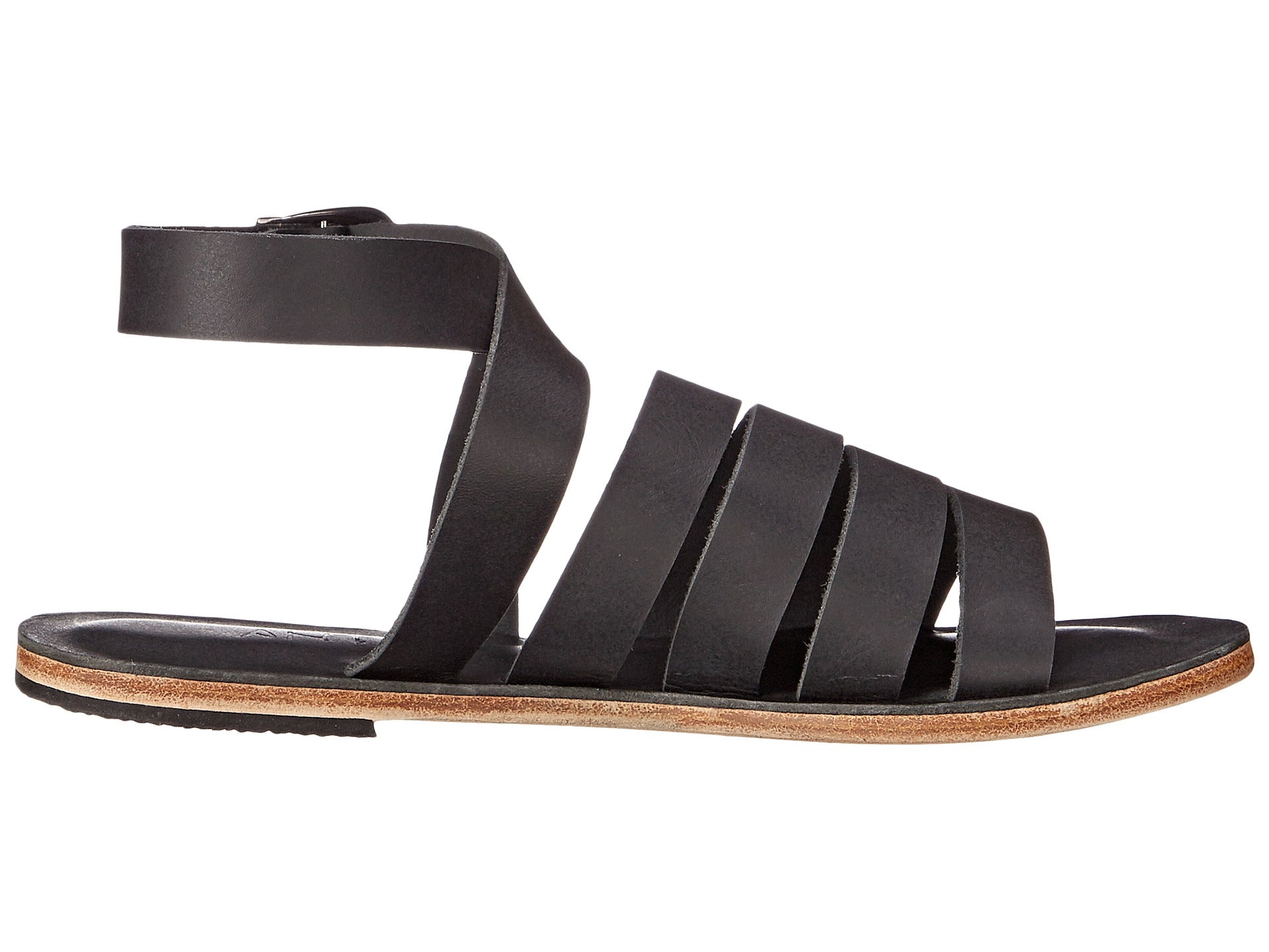 Santa Monica Blvd black, handmade leather sandals with anklet strap and buckle  - Side View
