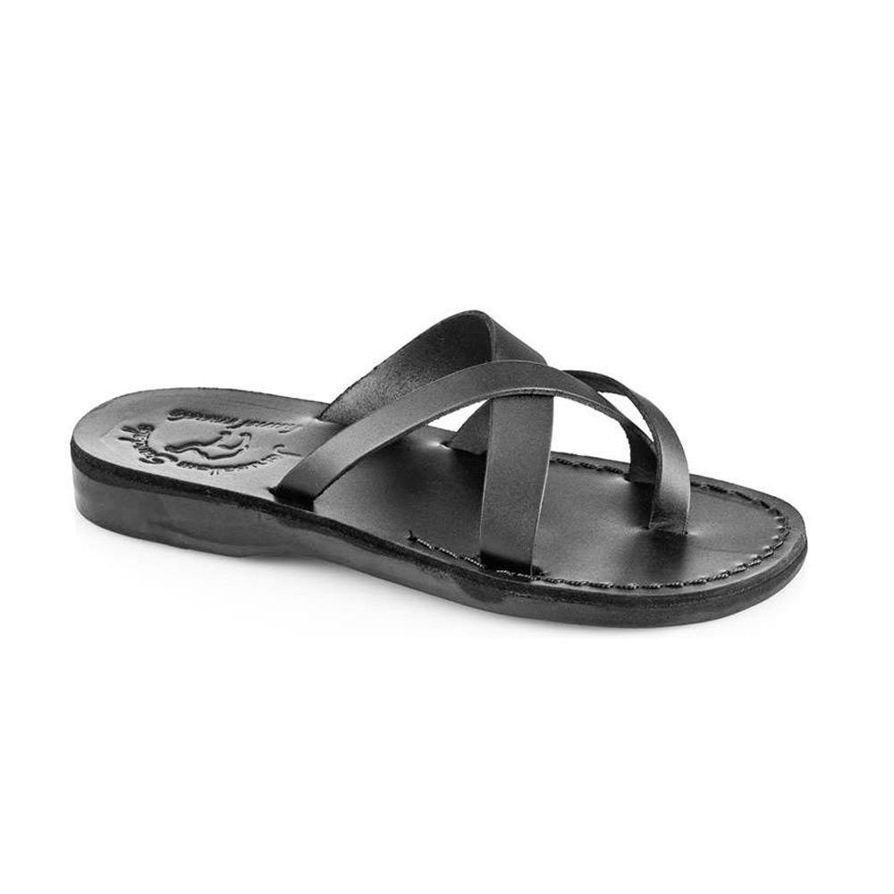Abigail black, handmade leather slide sandals with toe loop - Front View