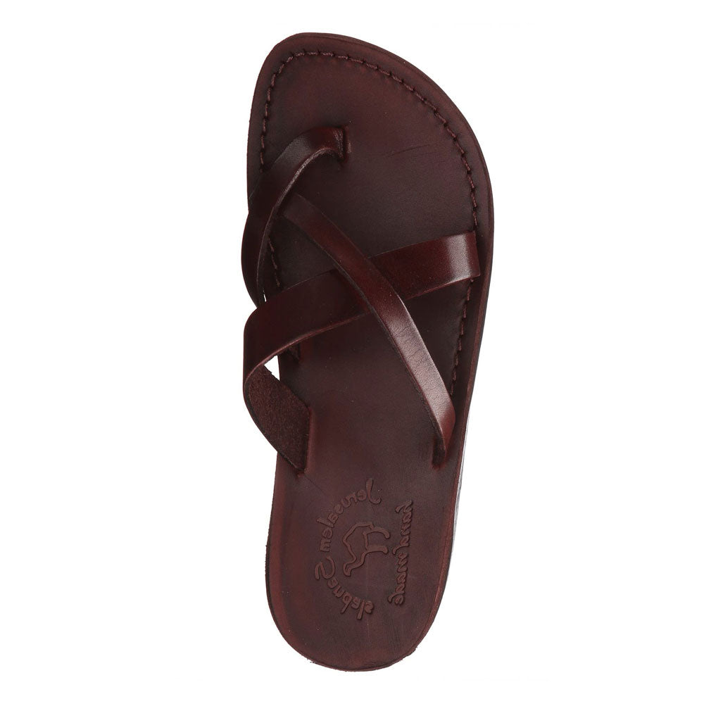 Abigail brown, handmade leather slide sandals with toe loop - Side View