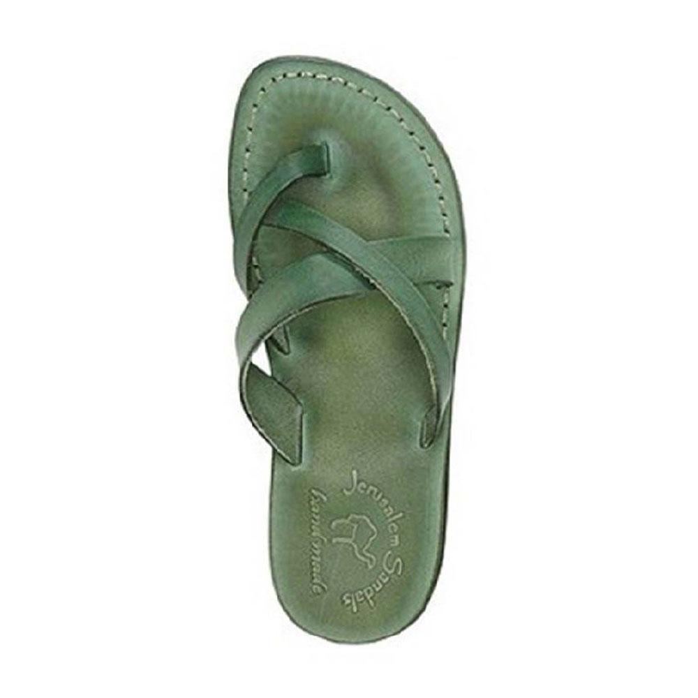 Abigail green, handmade leather slide sandals with toe loop - Side View