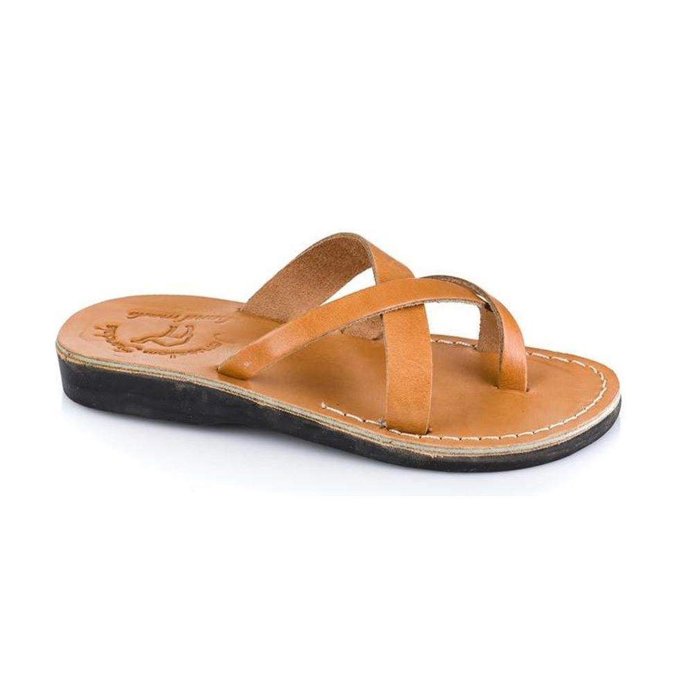 Abigail tan, handmade leather slide sandals with toe loop - Front View