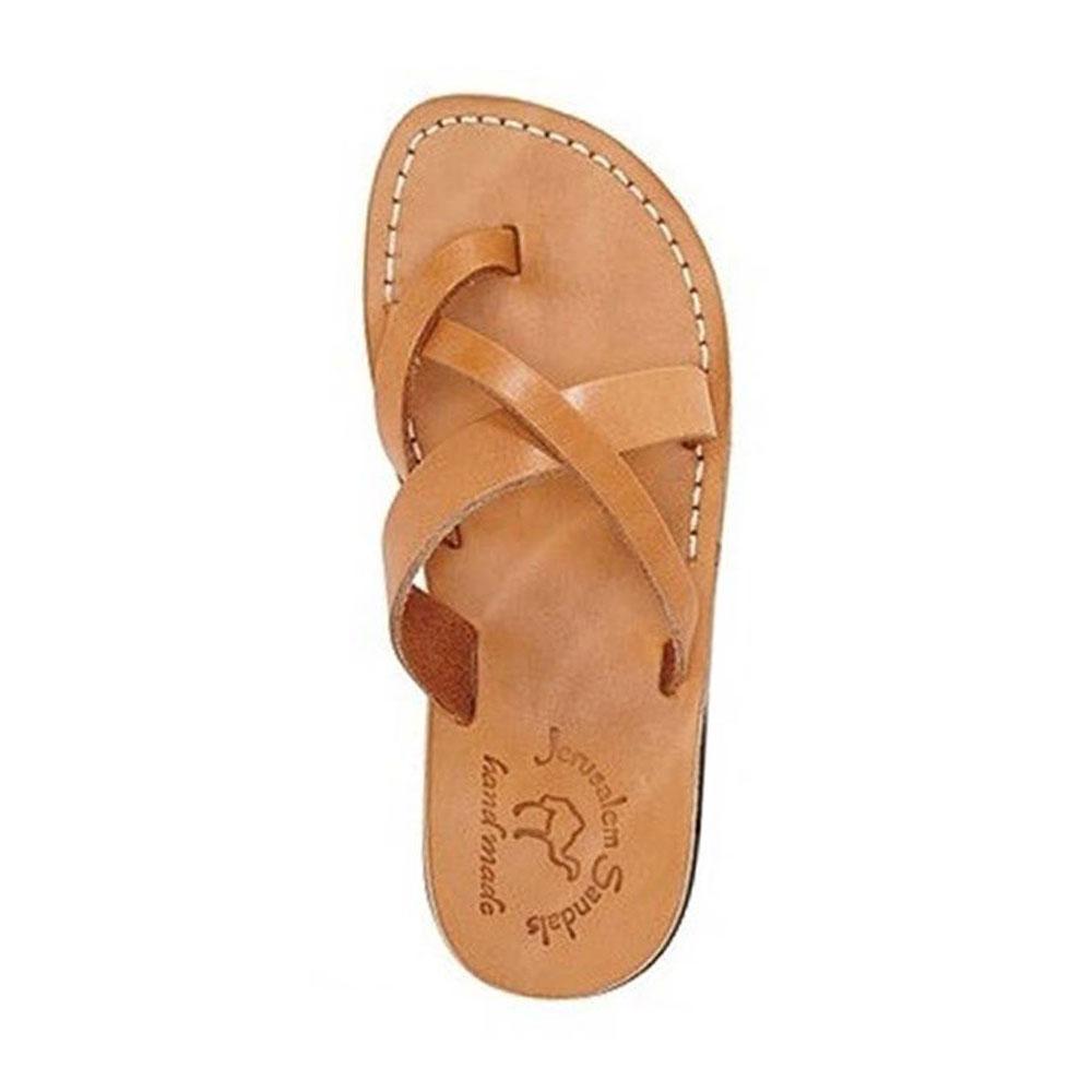 Abigail tan, handmade leather slide sandals with toe loop - Side View