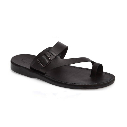 Abner black, handmade leather slide sandals with toe loop - Front View