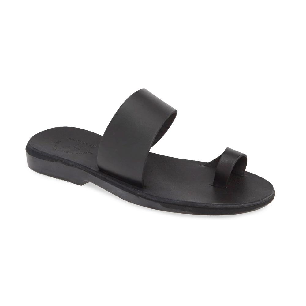 Abra black, handmade leather slide sandals with toe loop - Front View